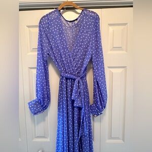PERIWINKLE POLKA DOT BELTED Wrap LOOKMaxi Dress with SHEER Bishop Sleeves SIZE L